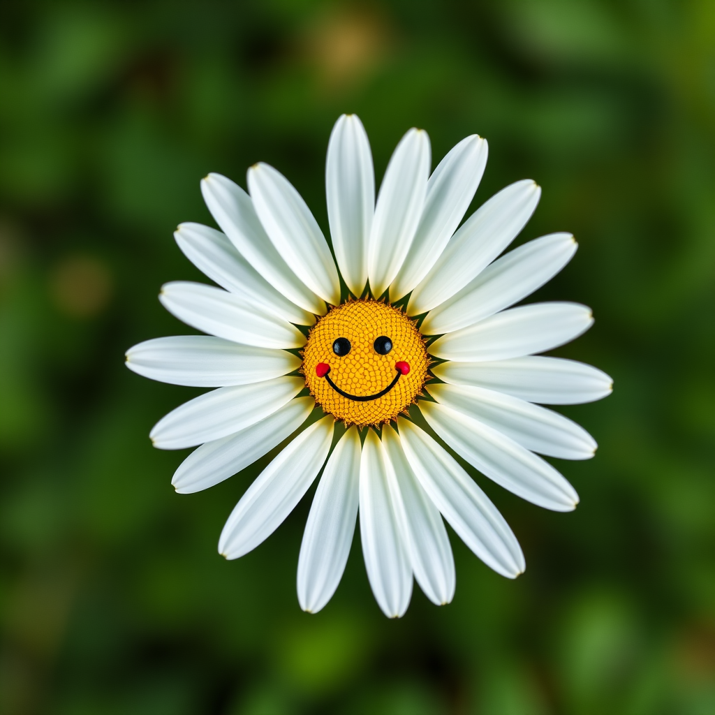 Create an image of a daisy with a smiling emoji in the center, captured from a top-down view using a macro lens, aperture set to f/2.8 for shallow depth of field, ISO 100 for high quality, and a shutter speed of 1/200 sec to ensure sharpness against a soft green background.