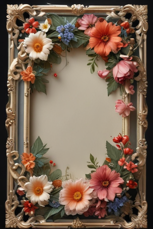 Elegant Floral Frame Adorned with Vibrant Blooms and Delicate Leaves