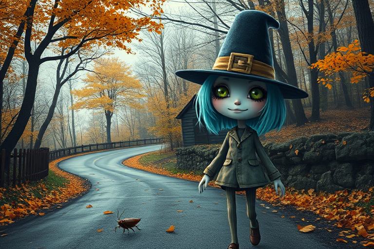 digital art fantasy depicting a strange girl with cyan hair, long eyelashes, white lipstick and a tall hat walking along a winding road on an autumn afternoon, an Cockroach smiles as she passes