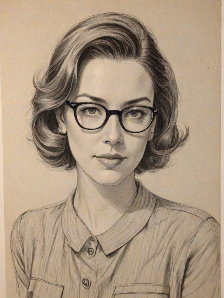 Magnificent Christa Miller, pencil sketch, portrait of Gorgeous woman 1941s in glasses, hair style beatnik, outline, clear lines, fine lines, 8k