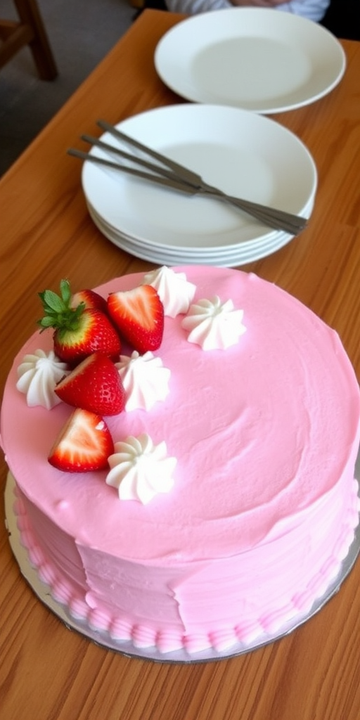 A round pink frosted cake decorated with whipped cream rosettes and fresh strawberries on top, placed on a wooden table with plates and straws nearby.