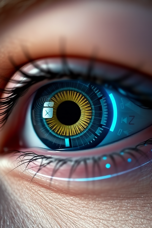 futuristic close-up of a human eye with digital interfaces and neon blue accents, macro lens, aperture f/2.8, ISO 200, 50mm lens, natural lighting, sharp focus, high dynamic range imaging