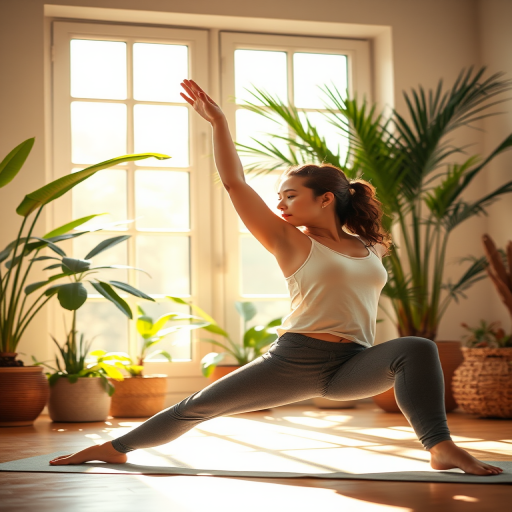 Create an image of a serene young woman practicing yoga in an airy, sunlit room with lush plants and warm colors, using a Canon EOS R5 with a 50mm lens, aperture f/1.8, ISO 100, soft focus background to enhance depth and clarity.
