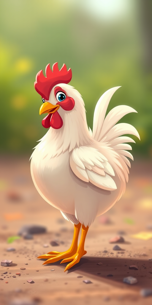 Create a high-resolution illustration of a cartoon chicken standing sideways, using a digital painting style with vibrant colors, set in a 4K resolution, with a focal length of 50mm and an aperture of f/2.8 for a soft background blur.