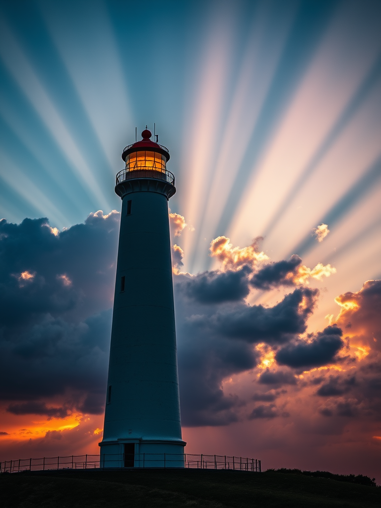 A stunning lighthouse standing tall against a dramatic sunset sky with rays of light breaking through the clouds, captured with a DSLR camera at f/8, ISO 100, 1/200 sec, wide-angle view, and high dynamic range to enhance image quality.