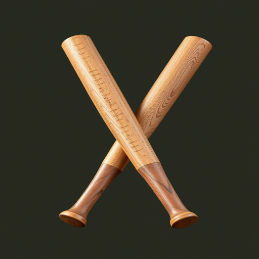 Create a high-resolution digital illustration of two wooden baseball bats crossed in an X shape, using a Canon EOS R5 with an aperture of f/4, ISO 100, and a focal length of 50mm from a slightly elevated front view, in soft natural lighting for enhanced detail and texture.
