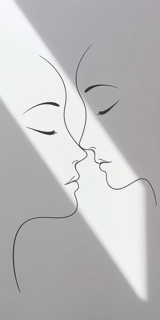 Create a minimalist line drawing of two abstract faces gently touching, with soft curves and a serene expression, captured using a Canon EOS R, 50mm lens, f/1.8 aperture, ISO 100, natural soft lighting from the side, with a focus on smooth lines and minimal detail for a calming effect.