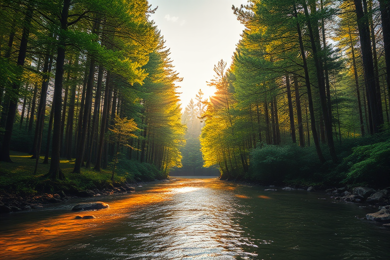 Create an image of a serene, sunlit forest scene with a clear, gently flowing river. Tall trees with lush green foliage line both sides of the river, their leaves bathed in the warm golden light of the setting or rising sun. The sunlight filters through the trees, casting soft, dappled light on the river, which flows over smooth rocks and pebbles, creating a peaceful, natural atmosphere. The sky is bright with a few scattered clouds, and the overall mood is tranquil, evoking a deep sense of connection with nature. The image captures the beauty of a calm, pristine forest landscape at either dawn or dusk.