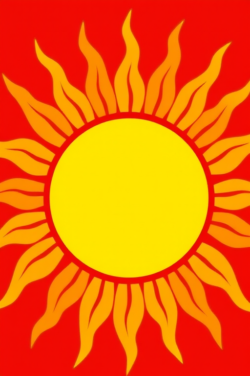 Create a vibrant sun illustration featuring a large yellow circle surrounded by stylized orange flames, using a Canon EOS 5D Mark IV camera with a 50mm f/1.8 lens, apertured at f/8 for increased depth of field, shot from a front view with a bright lighting setup to enhance colors and details.