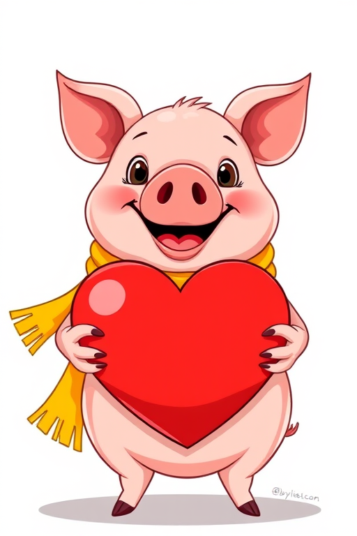 Create an illustration of a cheerful cartoon pig holding a large red heart, with a big smile and wearing a yellow scarf, using a high-resolution digital illustration style with vibrant colors, viewed at a 45-degree angle, simulated with a Canon EOS 5D Mark IV, f/8 aperture, 1/250 sec shutter speed, and ISO 100 for enhanced clarity and detail.
