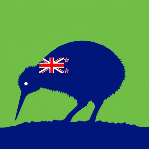 Create an illustration of a kiwi bird silhouette filled with the New Zealand flag design, using a DSLR camera with a 50mm lens, aperture set to f/2.8, ISO 100, and shot from a low angle to enhance detail and vibrancy.