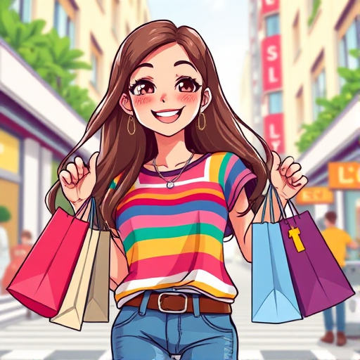 Create a vibrant animated illustration of a cheerful young woman with long brown hair wearing a colorful striped shirt and stylish accessories, joyfully carrying shopping bags in each hand, set against a bright urban background with a playful and fun style, using a digital art technique, high-resolution settings, 300 DPI, full-color palette, and a cartoonish camera view.