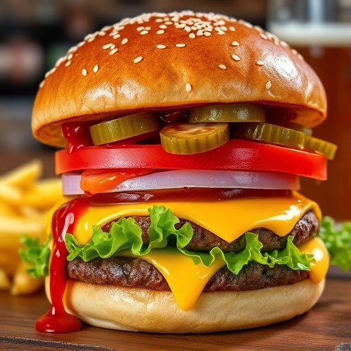 High-resolution, close-up image of a gourmet double cheeseburger. The burger features a glossy, sesame-seed-topped brioche bun. Inside, there are two thick, juicy beef patties, each topped with melted cheddar cheese. The burger is garnished with fresh lettuce, tomato slices, diced onions, and pickles. A generous amount of ketchup and a creamy, orange-colored sauce is dripping down the sides, adding to the mouth-watering appeal. In the background, there are blurred elements including a side of golden French fries and a hint of a beverage, enhancing the overall presentation of a delicious meal.