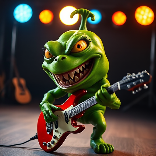 create a cartoonish green pepper monster with sharp teeth and menacing eyes playing an electric guitar, use a DSLR camera with a 50mm lens, aperture set to f/1.8 for a shallow depth of field, shot in HDR mode for enhanced dynamic range, and a well-lit studio background with dramatic lighting effects
