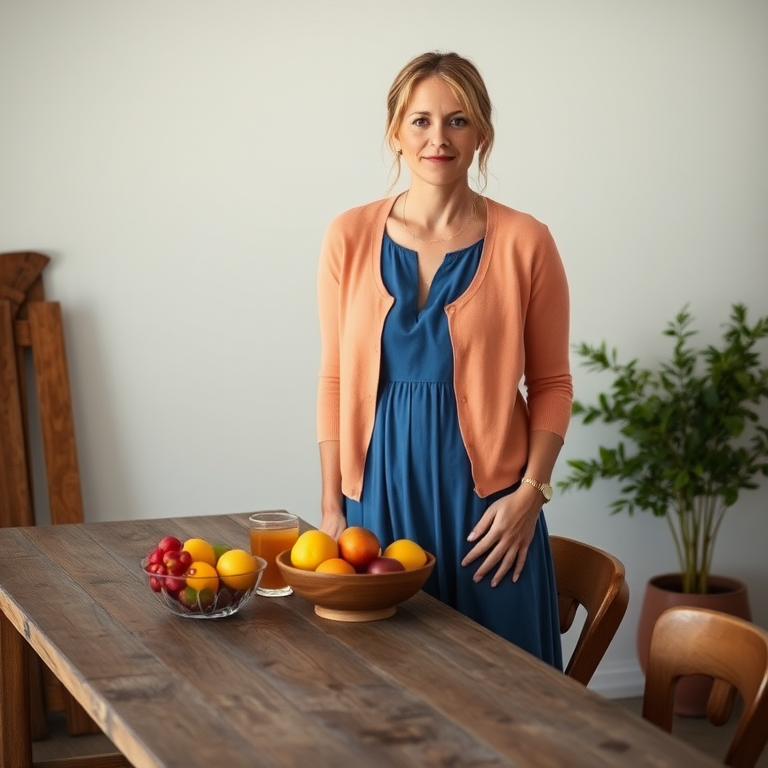 A woman in a peach cardigan and blue dress stands by a rustic table with a bowl of fruit and a glass of drink, soft natural lighting, camera type: DSLR, camera style: portrait, camera settings: f/2.8, ISO 200, shutter speed 1/125.