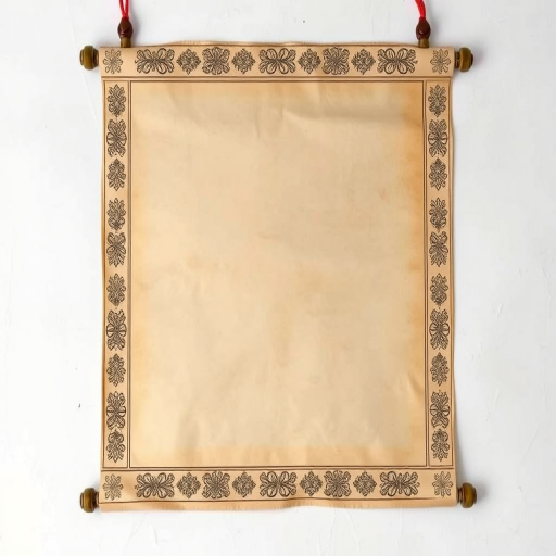 Create a high-resolution image of a traditional scroll with intricate border designs, centered on a blank canvas, using a DSLR camera at f/8 aperture, ISO 100, and a 50mm lens, captured from a straight-on view with soft lighting to enhance the colors and details.
