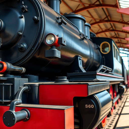 high-resolution image of a classic steam locomotive with vivid details, captured in natural lighting, 50mm lens, f/8 aperture, ISO 100, shot from a low angle to emphasize the intricate mechanics and vibrant colors, DSLR camera, focus on sharpness and clarity.