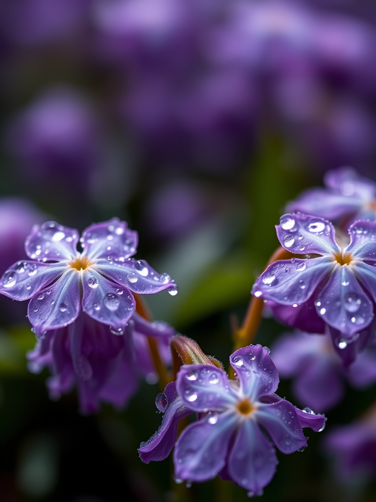 macro shot of dew-covered purple flowers with a blurred background, f/2.8 aperture, ISO 100, 1/200s shutter speed, soft natural lighting, captured using a DSLR camera, shallow depth of field.