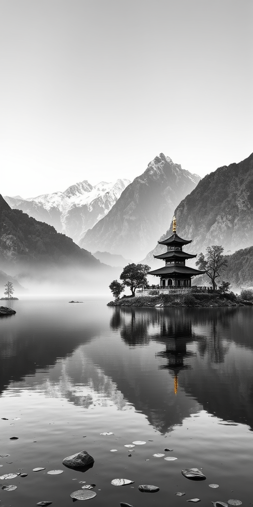 create a detailed black and white landscape painting of a serene mountainous scene with a tranquil lake and traditional pagoda, focal point on reflection in water, shot with a Canon EOS R5, 50mm lens, aperture f/8, ISO 100, soft natural lighting and smooth gradients to enhance contrast and depth