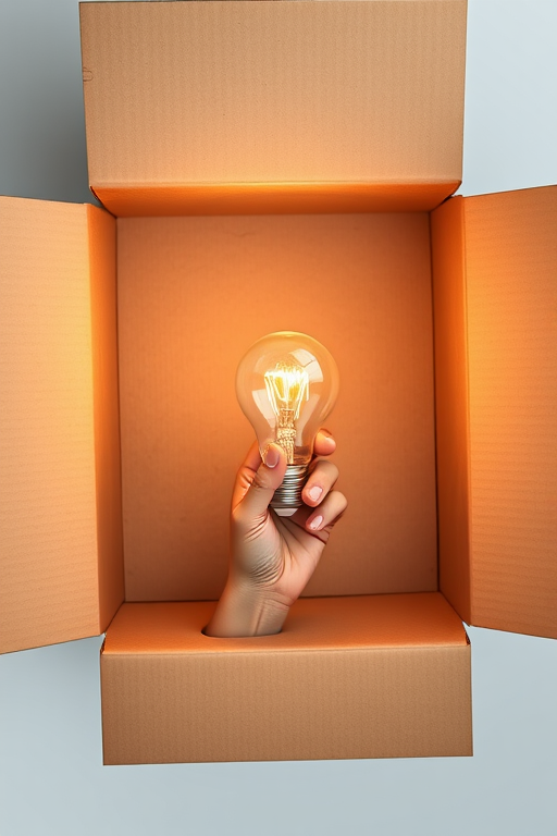 A hand holding a light bulb emerging from an open cardboard box, flat design style, studio lighting, 50mm lens, aperture f/2.8, ISO 100, high-resolution digital camera, top-down view.