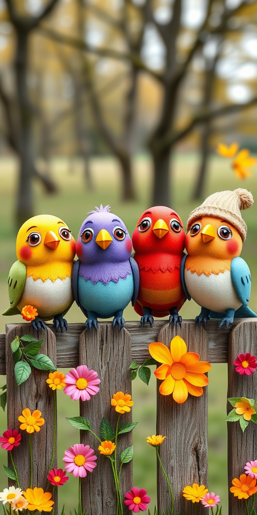 create a scene of 4 quirky  whimsical colourful comical birds each with a funny expression. they are sat on a wooden fence with colourful flowers. they are all different sizes. each one is a different colour  one is wearing a woolly hat. Each one has a different quirky google expression and there is a muted background of trees watercolour paintierly style high definition 8k resolution 3D paper mache