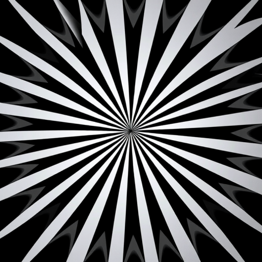 Create a high-contrast black and white radial pattern with sharp lines converging towards the center, using a DSLR camera at f/5.6, ISO 100, 1/125s shutter speed, set in a wide-angle view to enhance depth, with a focus on geometric shapes and symmetry.
