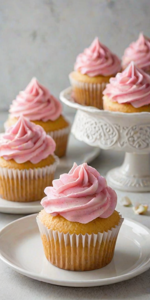 Generate an image of freshly baked vanilla cupcakes with smooth pink frosting. The cupcakes should be arranged neatly on a white surface, with one cupcake partially eaten to show the fluffy interior. The setting should have a clean and light atmosphere, emphasizing the sweetness of the treats.