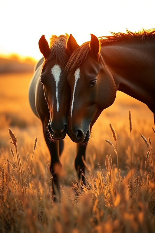 Two horses nuzzling in a golden grass field at sunset, shallow depth of field, captured with a Canon EOS R5 at f/2.8, ISO 200, 50mm lens, soft natural light, focus on the horses with a blurred background.