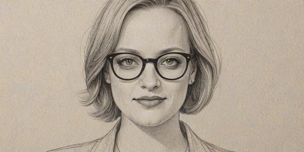 Charming Elizabeth Moss, pencil sketch, portrait of Splendid woman 1968s in glasses, hair style beatnik, outline, clear lines, fine lines, 8k