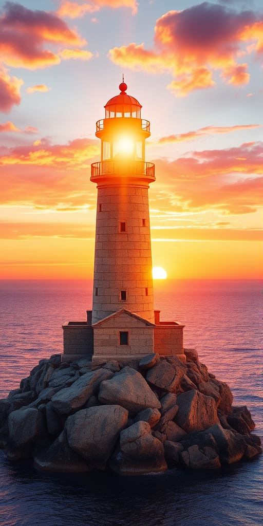 Generate an image of a tall lighthouse perched on a rocky outcrop surrounded by calm ocean waters during a breathtaking sunset. The lighthouse stands sturdy and weathered, its stone surface illuminated by the warm golden light of the setting sun. The sun's rays pass directly through the glass lantern room at the top of the lighthouse, casting a brilliant light across the scene. The sky is painted with vibrant shades of orange, pink, and purple, reflecting off the tranquil sea. The surrounding water shimmers with the same warm hues, creating a serene and majestic atmosphere.