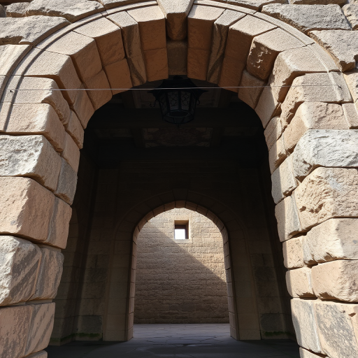 Capture an ancient stone archway with intricate textures and details, using a DSLR camera at f/8 aperture, 1/125 sec shutter speed, ISO 200, wide-angle lens, and a slight downward angle to enhance depth and clarity.