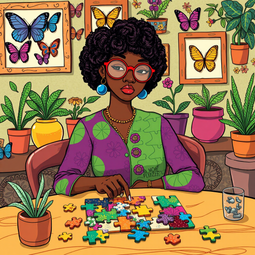 A vibrant and whimsical illustration of an african american woman sitting at a table working on a colorful jigsaw puzzle. she is wearing round glasses, and patterned clothing in shades of purple and green.  The background features an eclectic collection of framed butterflies, potted plants, and other natural elements, creating a warm and inviting atmosphere. The style is playful and modern, with rich textures, intricate details, and a lively color palette.