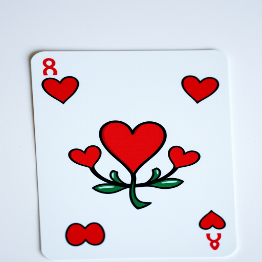 Generate an illustrated playing card featuring the number 8 of hearts, using a DSLR camera with a 50mm lens, aperture set to f/2.8, ISO 100, and a slight top-down angle for enhanced clarity and vibrant colors.