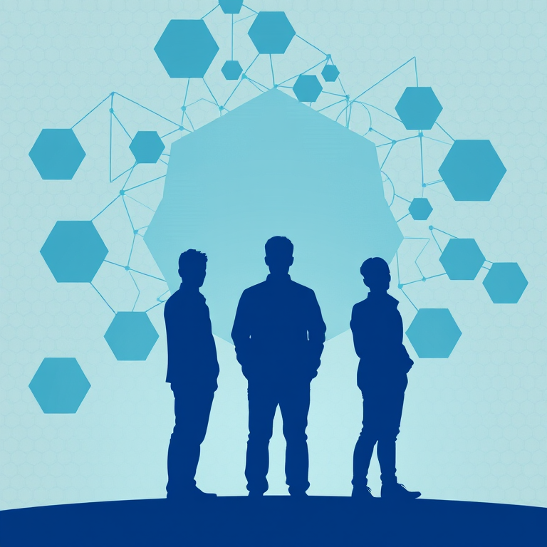 Create an abstract digital illustration of three silhouetted human figures in shades of blue, with a background featuring interconnected hexagons and gears, shot with a DSLR camera at f/8 aperture, ISO 100, 50mm lens, natural light, landscape mode for enhanced clarity and depth.