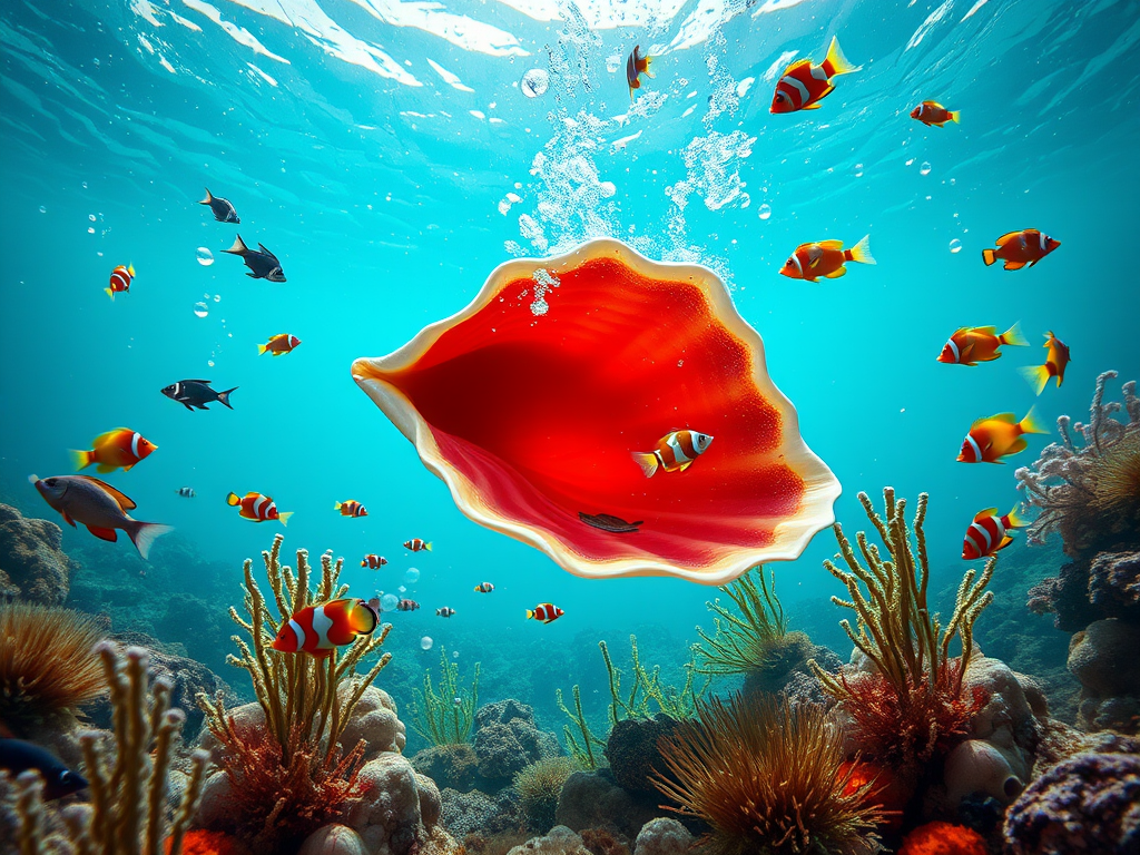 create an underwater scene featuring a large open seashell with a red interior, surrounded by colorful fish such as clownfish and angelfish, marine plants, and bubbles, shot using a DSLR camera at f/8 aperture, 50mm lens, ISO 200, with a wide-angle view and vibrant colors to enhance image quality