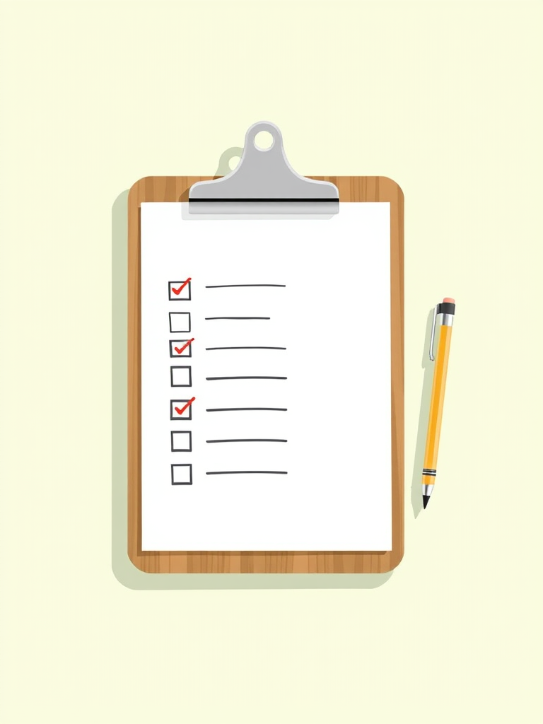 create a digital illustration of a clipboard with a checklist on a light green background, using a soft focus effect, with a 50mm lens at f/2.8, 1/200s shutter speed, and ISO 100 to enhance image quality