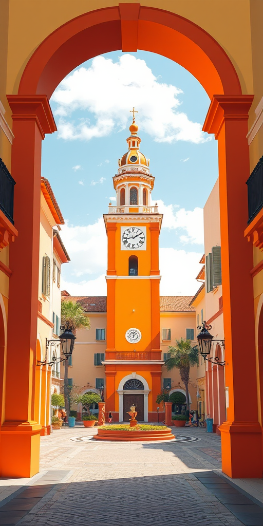 Create a vibrant digital illustration of a historic plaza featuring a prominent orange clock tower, viewed through a colorful archway, captured with a Canon EOS R5 camera, f/8 aperture, ISO 100, 35mm lens, in a bright and sharp style to enhance image quality.