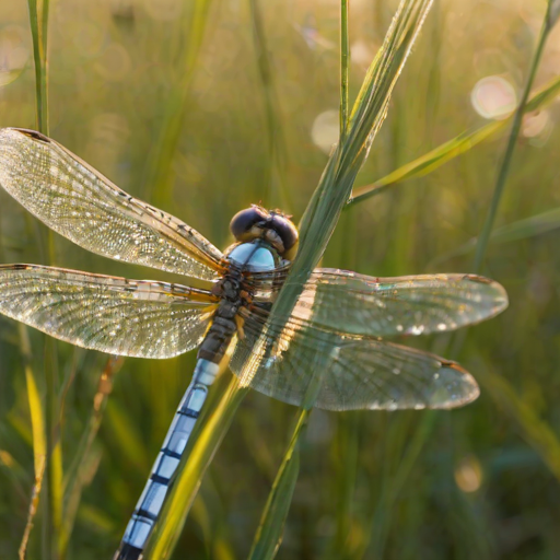 Sharp, detailed close-up of a dragonfly resting on a blade of grass, soft sunlight illuminating its translucent wings, with distant wildflowers and a blue sky in soft focus.