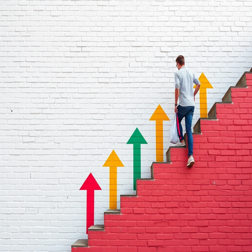 Regenerate the image of a person climbing steps beside colorful upward arrows on a textured white brick wall background, captured with a Canon EOS R5, 50mm lens, f/1.8 aperture, ISO 100, in soft natural light for enhanced clarity and detail.