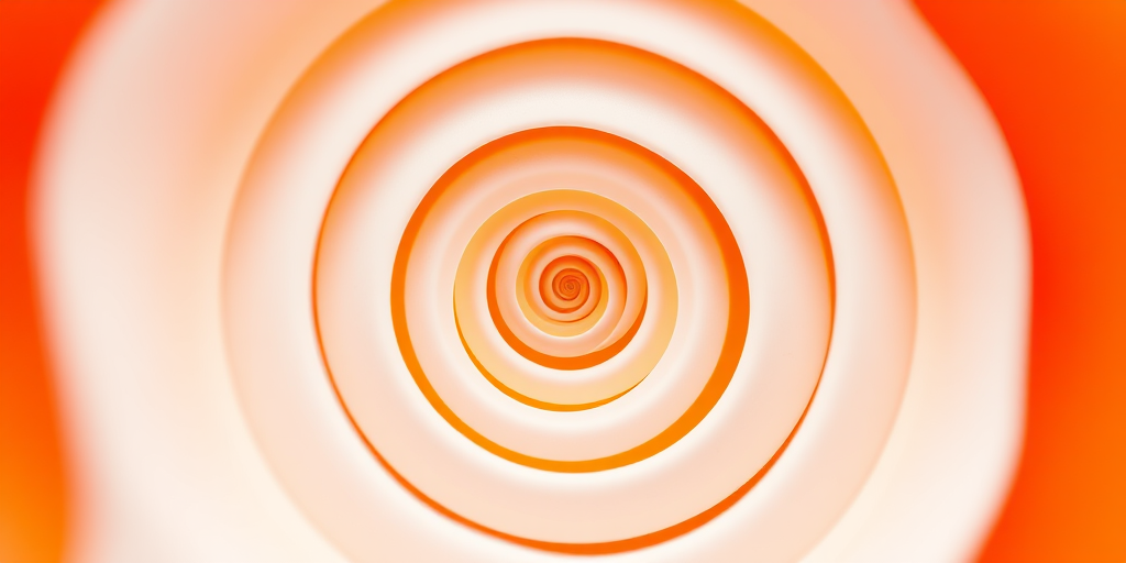 Create a vibrant abstract spiral design featuring gradients of orange and white, captured with a Canon EOS R5 at f/8, ISO 100, 1/100s, using a macro lens for sharp details and a soft-focus background.
