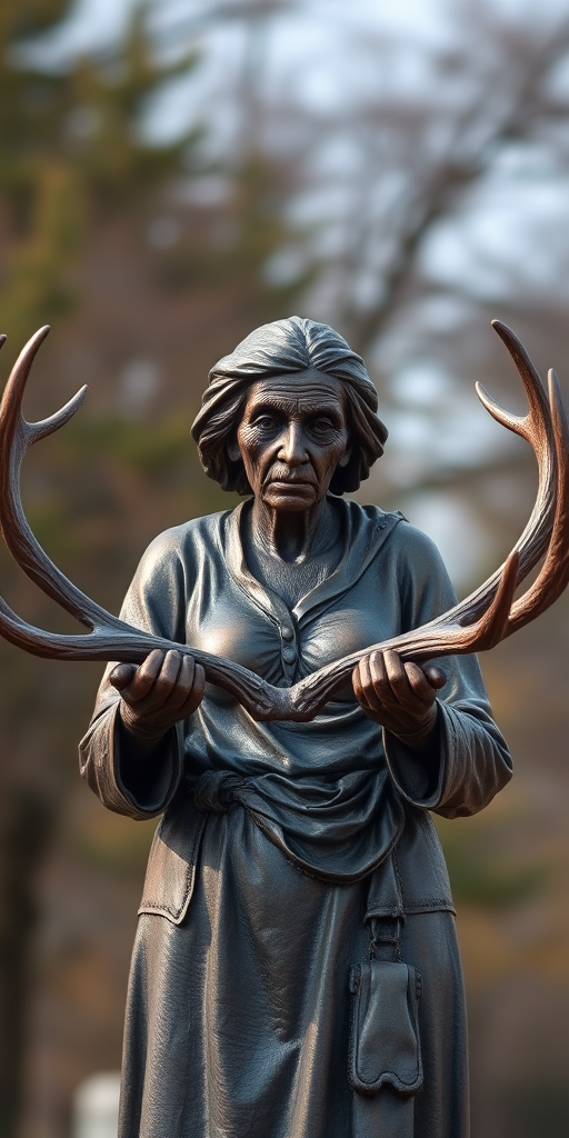 Create a high-resolution image of a bronze sculpture of an elderly woman holding large antlers, captured with a DSLR camera at f/2.8 aperture, ISO 100, 50mm lens, with a shallow depth of field and natural lighting, focusing on intricate details and textures.