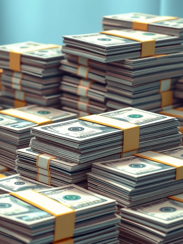 Create a high-resolution illustration of stacks of money with bundles, using a wide-angle lens, f/2.8 aperture, ISO 100, shot in a soft diffused light setting to enhance depth and texture, with a focus on sharp detail and vibrant colors.