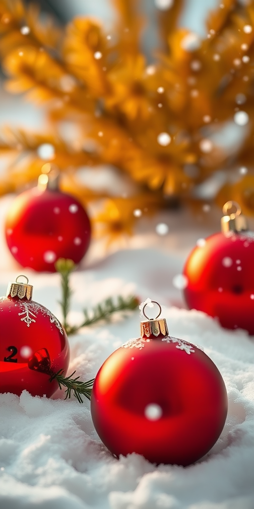 Christmas decorations with red ornaments on snow, softly falling snowflakes, golden pine branches in the background, shallow depth of field, f/2.8, ISO 100, 1/250s, 85mm lens, DSLR.