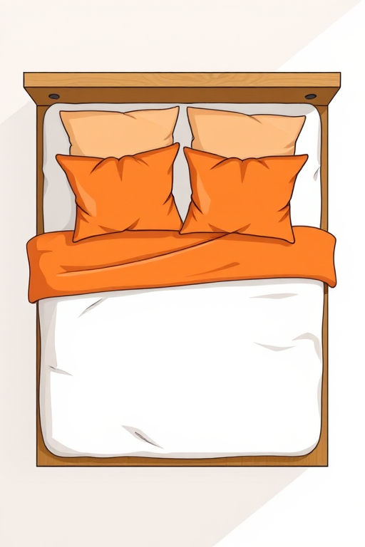 Create a high-resolution vector illustration of a simplistic bed with two pillows, featuring an orange blanket and a wooden frame, using a 50mm lens, aperture f/1.8, ISO 100, top-down view, and digital art style for enhanced clarity and detail.