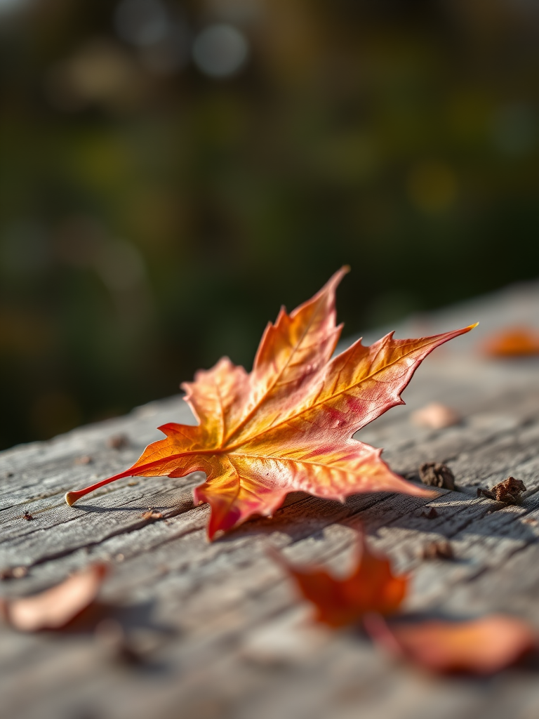 autumn maple leaf on weathered wooden surface shallow depth of field soft natural lighting f/2.8 1/100s ISO 100 50mm lens DSLR macro photography 35mm view