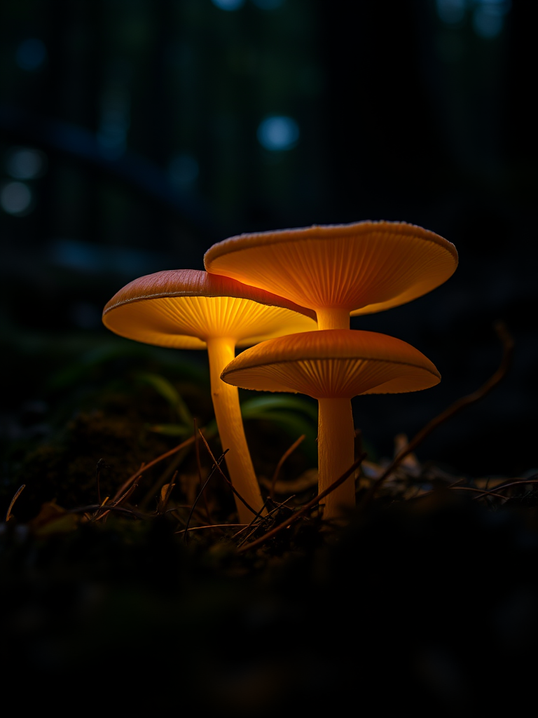 mushrooms illuminated in a dark forest setting, close-up macro shot, f/2.8 aperture, ISO 100, 1/60 sec shutter speed, natural lighting, DSLR camera, shallow depth of field, vibrant colors and details