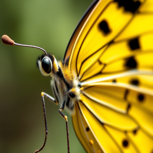 Create a highly detailed illustration of a yellow butterfly with intricate black patterns on its wings, using a macro lens, with a shallow depth of field to blur the background, captured in natural light to enhance colors, with a resolution of 300 DPI for high-quality printing.