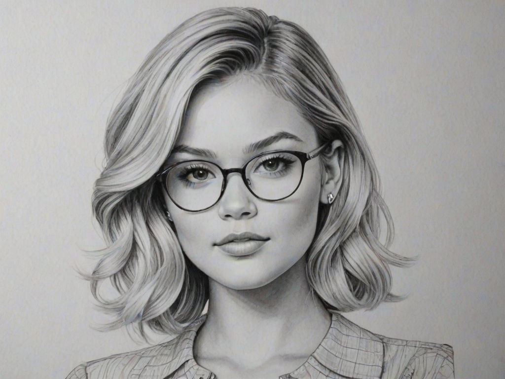 Fascinating Olivia Holt, pencil sketch, portrait of Elegant woman 1944s in glasses, hair style beatnik, outline, clear lines, fine lines, 8k