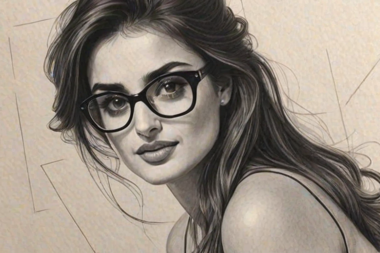 Enchanting Pen'lope Cruz, pencil sketch, portrait of Alluring woman 1969s in glasses, hair style beatnik, outline, clear lines, fine lines, 8k