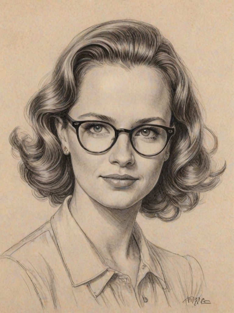 Exquisite Andrea Barber, pencil sketch, portrait of Pleasing woman 1937s in glasses, hair style beatnik, outline, clear lines, fine lines, 8k